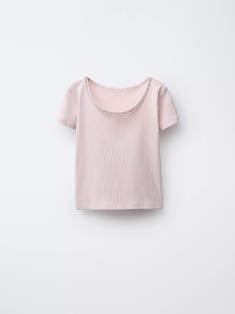 Zara Pale Pink Ribbed Top with Beaded Trim